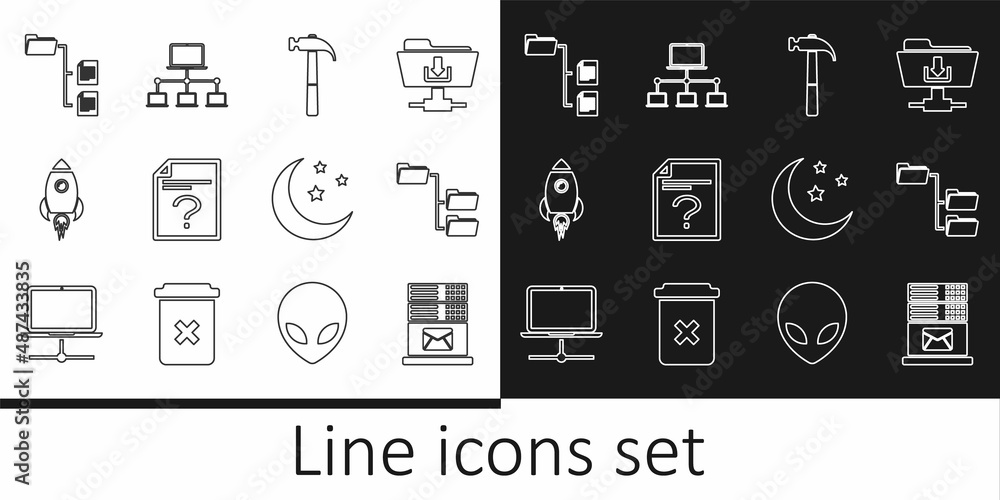 Set line Mail server, Folder tree, Hammer, Unknown document, Rocket ship with fire, Moon and stars and Computer network icon. Vector Set line Mail server, Folder tree, Hammer, Unknown document, Rocket ship with fire, Moon and stars and Computer network icon. Vector