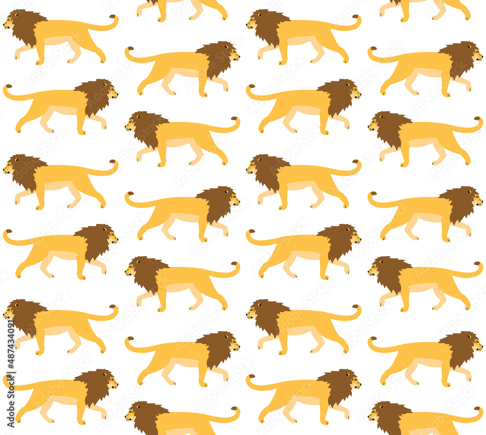 Vector seamless pattern of flat lion isolated on white background