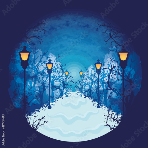 Colored winter landscape with lamps and trees Vector