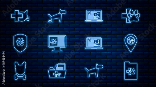Set line Clinical record pet, Location veterinary, dog laptop, monitor, Animal health insurance, Veterinary clinic, and Dog pooping icon. Vector