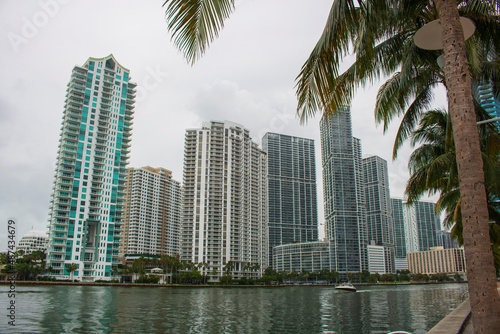 Cityscape by the sea at Brickell Key on a cloudy day