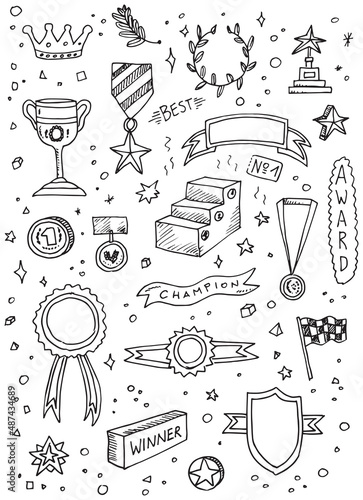 Awards doodle hand drawn vector set on white paper