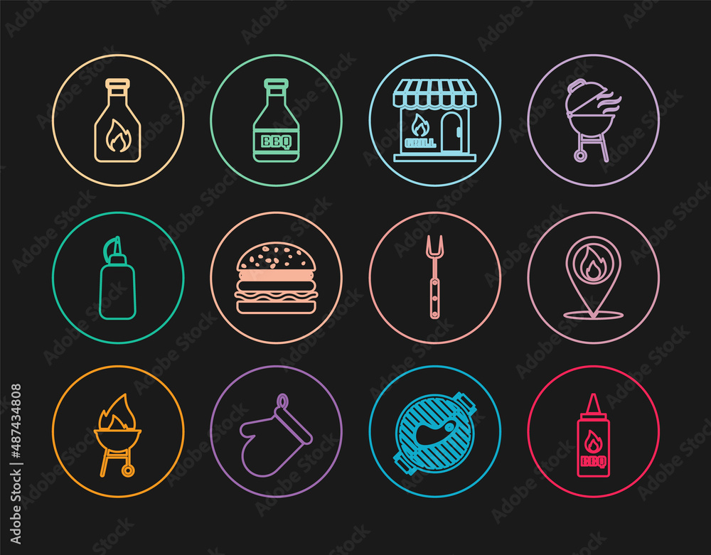 Set line Ketchup bottle, Location with fire flame, Barbecue shopping building, Burger, Mustard, fork and icon. Vector Set line Ketchup bottle, Location with fire flame, Barbecue shopping building, Burger, Mustard, fork and icon. Vector