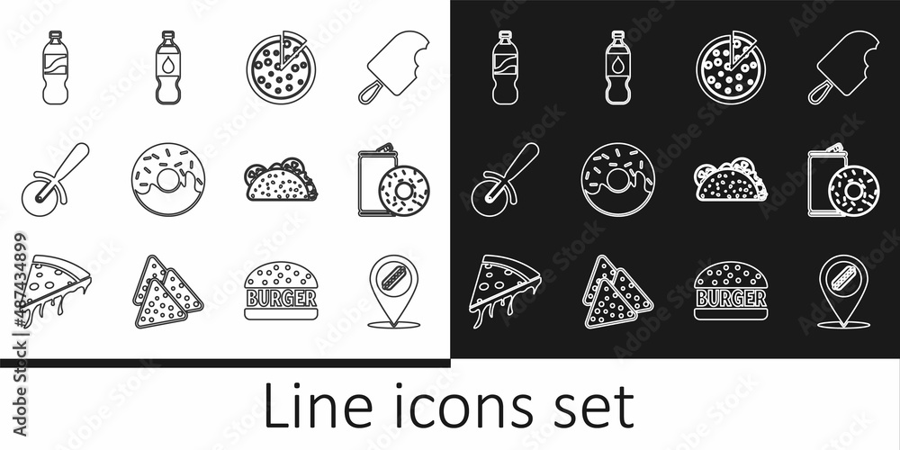 Set line Location with hotdog, Aluminum can soda and donut, Pizza, Donut, knife, Bottle of water, Taco tortilla and icon. Vector
