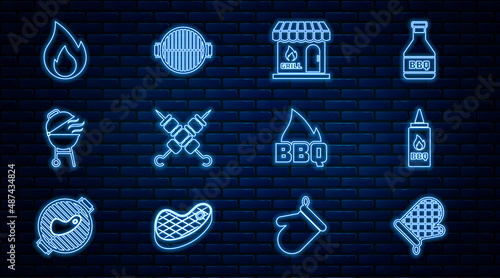 Set line Oven glove, Ketchup bottle, Barbecue shopping building, Grilled shish kebab, grill, Fire flame, fire and icon. Vector