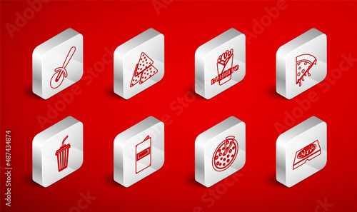 Set line Pizza in cardboard box, Nachos, Burrito, Slice of pizza, knife, Beer can and Glass with water icon. Vector