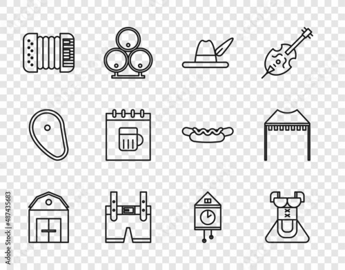 Set line Farm House, Costume for women dirndl, Oktoberfest hat, Lederhosen, Accordion, Saint Patricks day calendar, Retro wall watch and Camping tent icon. Vector
