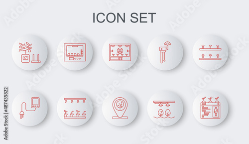 Set line Smart farming technology, Sensor, with bulb and plant, Incubator for eggs, Automatic irrigation sprinklers and Location tree icon. Vector