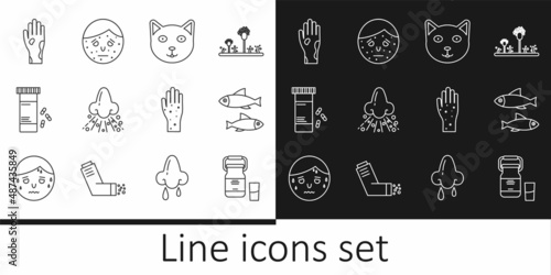 Set line Can container for milk, Fish, Pet, Runny nose, Medicine bottle and pills, Hand with psoriasis eczema, and Face icon. Vector