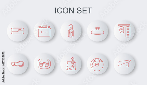 Set line Car fender, door handle, Gear shifter, Speedometer, battery, Sport steering wheel and icon. Vector