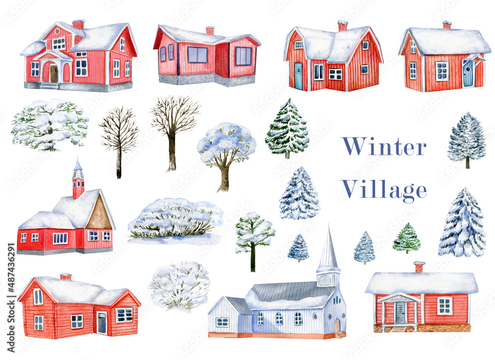 Watercolor winter village, scandinavian houses and trees, hand drawn illustration isolated on white background. 