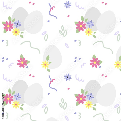 Vector easter pattern with eggs, flowers and abstract doodles on white background. 