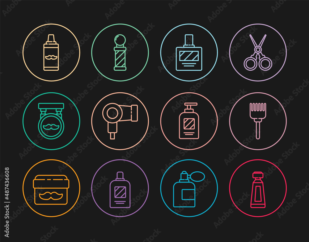 Set line Cream or lotion cosmetic tube, Hairbrush, Aftershave, dryer, Barbershop, Shaving gel foam, Bottle of shampoo and Classic pole icon. Vector Set line Cream or lotion cosmetic tube, Hairbrush, Aftershave, dryer, Barbershop, Shaving gel foam, Bottle of shampoo and Classic pole icon. Vector