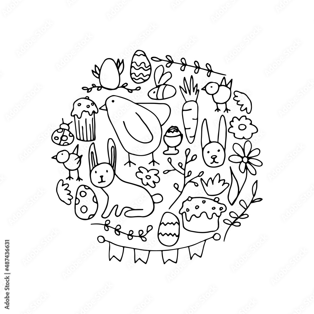 easter print with hand drawn outline elements in circle shape easter print with hand drawn outline elements in circle shape