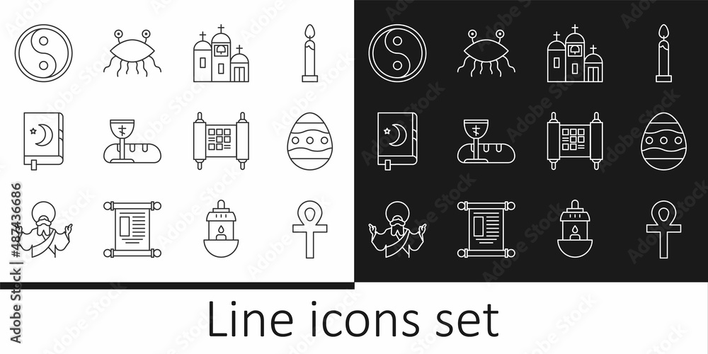 Set line Cross ankh, Easter egg, Church building, First communion symbols, Holy book of Koran, Yin Yang, Decree, paper, parchment, scroll and Pastafarianism icon. Vector Set line Cross ankh, Easter egg, Church building, First communion symbols, Holy book of Koran, Yin Yang, Decree, paper, parchment, scroll and Pastafarianism icon. Vector
