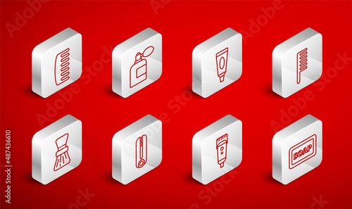 Set line Bar of soap with foam, Aftershave bottle atomizer, Cream or lotion cosmetic tube, Hairbrush, Electrical hair clipper shaver, Curling iron for and Shaving icon. Vector