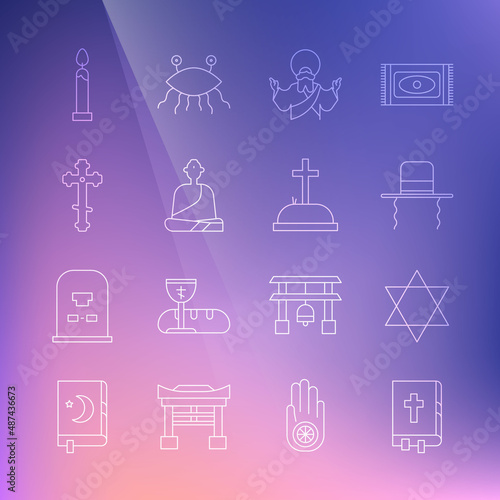Set line Holy bible book, Star of David, Orthodox jewish hat with sidelocks, Jesus Christ, Buddhist monk, Christian cross, Burning candle and Tombstone icon. Vector