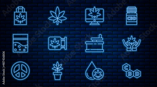 Set line Cannabis molecule, Marijuana or cannabis leaf, Monitor and marijuana, store, Plastic bag of, Shopping paper, Manual grinder and icon. Vector