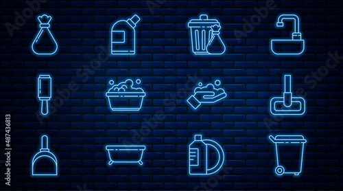 Set line Trash can, Mop, and garbage bag, Plastic basin with soap suds, Adhesive roller, Garbage, Washing hands and Bottles for cleaning agent icon. Vector
