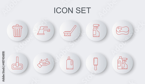 Set line Bottles for cleaning agent, Mop, Brush, Adhesive roller, Trash can, Water tap, Washing hands with soap and Fabric softener icon. Vector