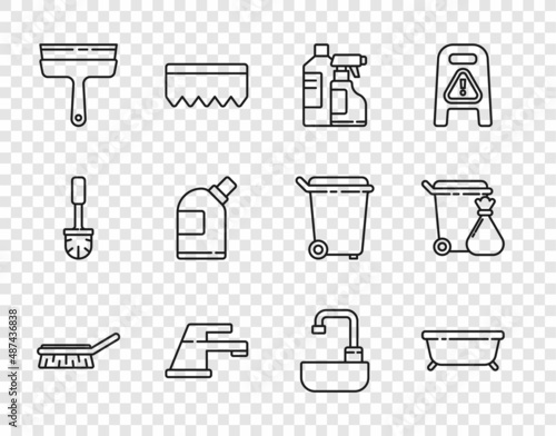 Set line Brush for cleaning, Bathtub, Bottles agent, Water tap, Rubber cleaner windows, Washbasin with water and Trash can and garbage bag icon. Vector