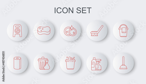 Set line Rubber plunger, Paper towel roll, Washing dishes, Bottles for cleaning agent, Wet floor and progress, Sponge, Trash can garbage bag and Bucket with soap suds icon. Vector