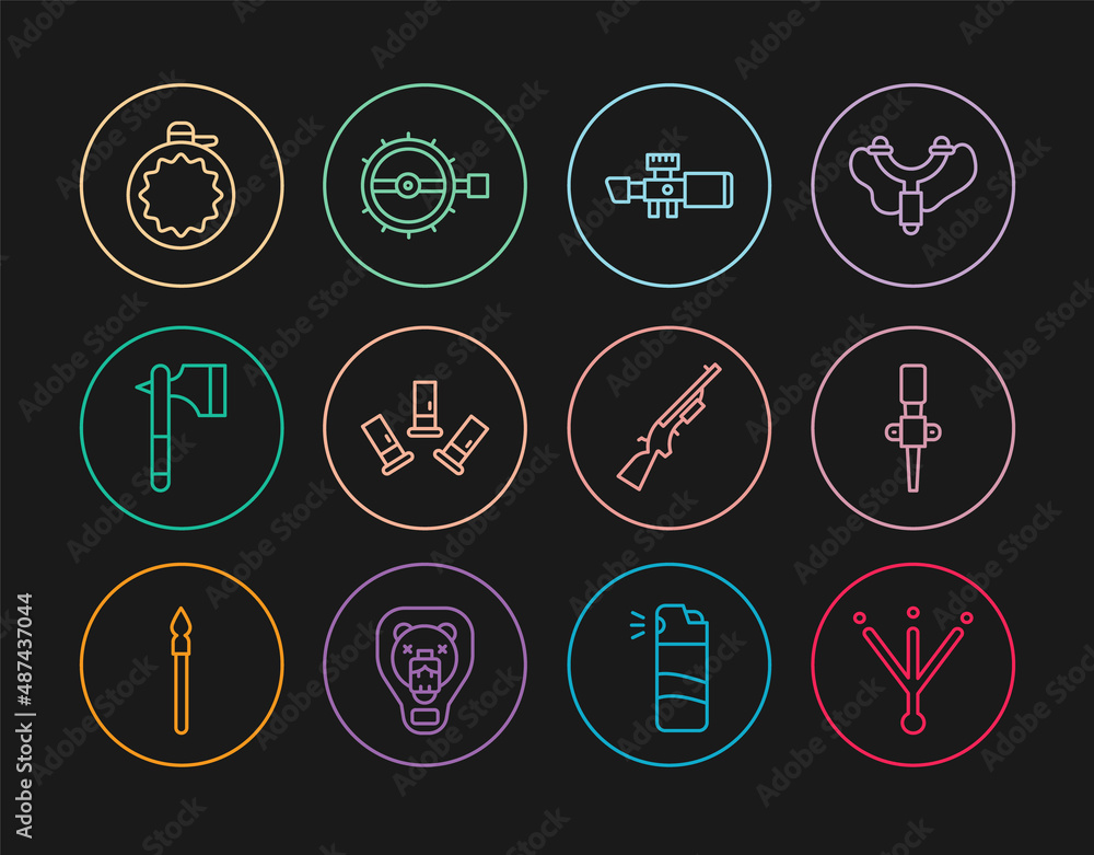 Set line Bird footprint, Torch flame, Sniper optical sight, Cartridges, Wooden axe, Canteen water bottle, Shotgun and Trap hunting icon. Vector Set line Bird footprint, Torch flame, Sniper optical sight, Cartridges, Wooden axe, Canteen water bottle, Shotgun and Trap hunting icon. Vector