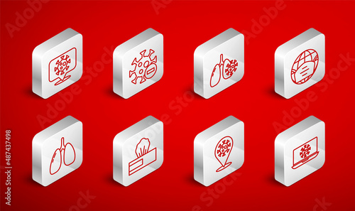 Set line Virus statistics on laptop, Negative virus, cells in lung, Earth with medical mask, Corona 2019-nCoV location, Wet wipe pack and Lungs icon. Vector