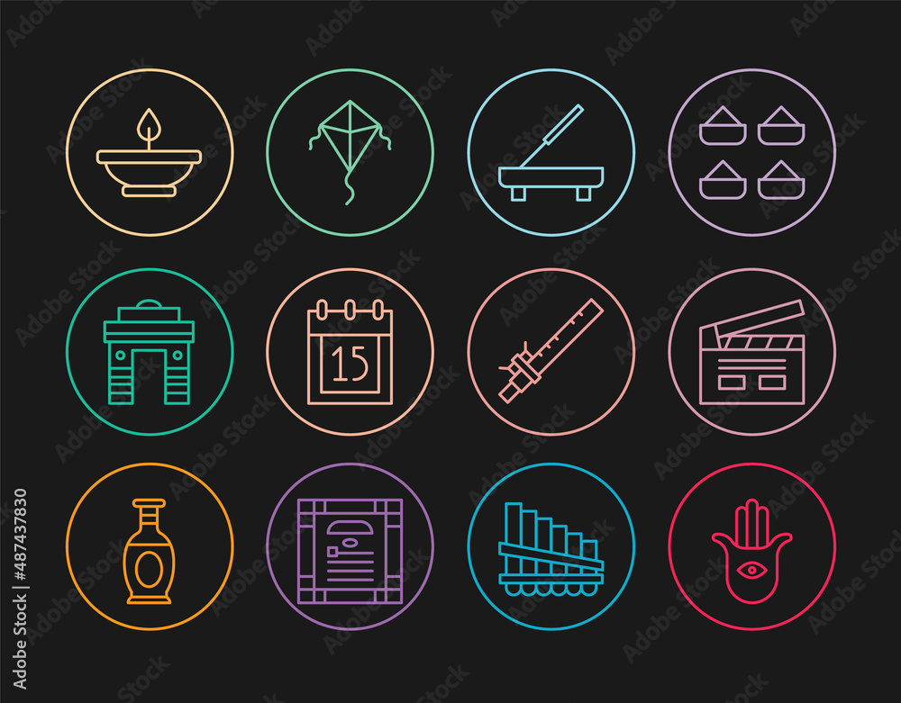 Set line Hamsa hand, Bollywood indian cinema, Scented spa stick, Independence day India, Gate Delhi, Aroma lamp, Bamboo flute and Kite icon. Vector