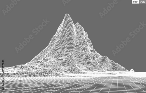 Wireframe landscape on white background. Abstract geometric vector technology background. 3d vector digital background.
