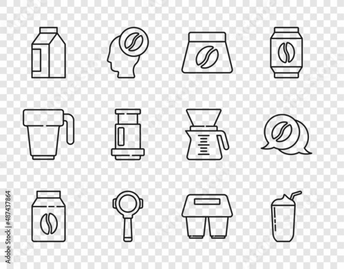 Set line Bag of coffee beans, Milkshake, Coffee filter holder, Aeropress, cup to go and and conversation icon. Vector