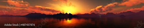 Sea sunset, ocean landscape panorama, 3d rendering