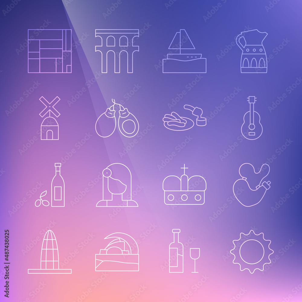 Set line Sun, Spanish wineskin, guitar, Yacht sailboat, Castanets, Windmill, House Edificio Mirador and Churros and chocolate icon. Vector Set line Sun, Spanish wineskin, guitar, Yacht sailboat, Castanets, Windmill, House Edificio Mirador and Churros and chocolate icon. Vector