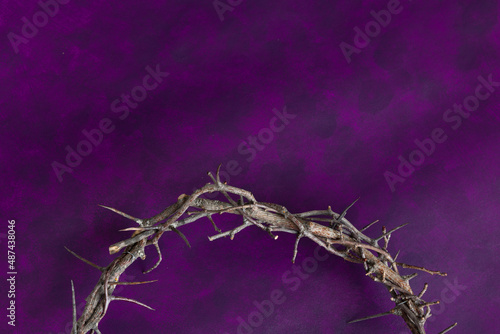 Foto Partial crown of thorns as a border on a dark purple background with copy space