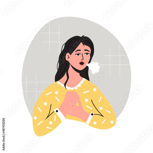 Difficult breathing, women have a heart palpitations dyspnea and suffering for this. Flat vector illustration. Healthcare, pain, sickness, disease concept, isolated on a white background