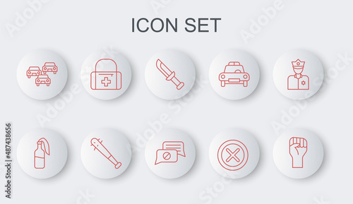 Set line Raised hand with clenched fist, Cocktail molotov, Military knife, X Mark, Cross in circle, Traffic jam, First aid kit, Baseball bat nails and Speech bubble chat icon. Vector