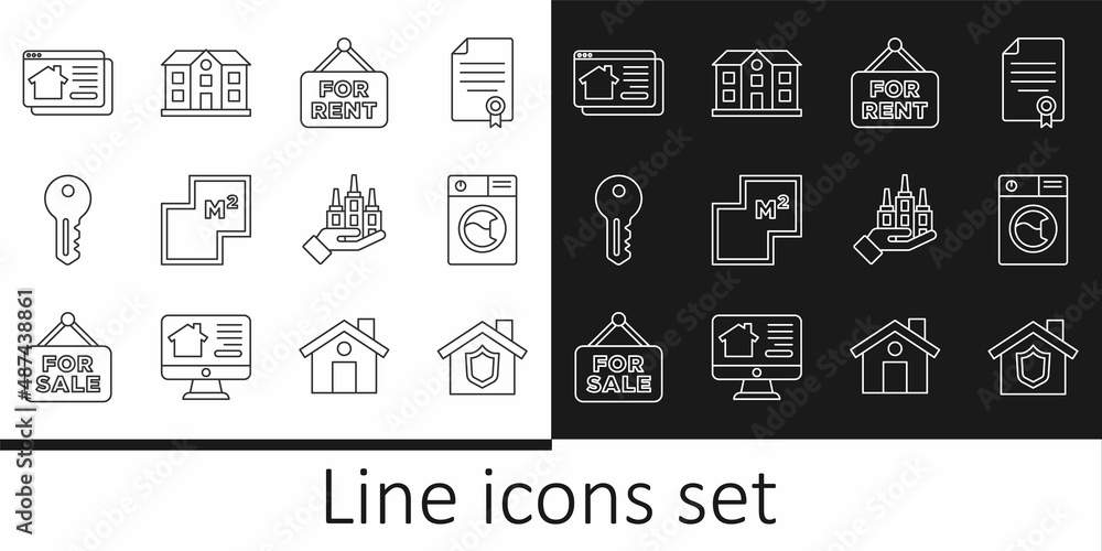 Set line House with shield, Washer, Hanging sign For Rent, plan, key, Online real estate house, Skyscraper and icon. Vector Set line House with shield, Washer, Hanging sign For Rent, plan, key, Online real estate house, Skyscraper and icon. Vector