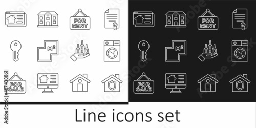 Set line House with shield, Washer, Hanging sign For Rent, plan, key, Online real estate house, Skyscraper and icon. Vector