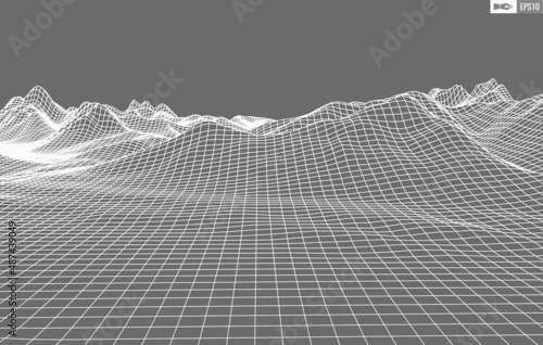 Wireframe landscape on white background. Abstract geometric vector technology background. 3d vector digital background.