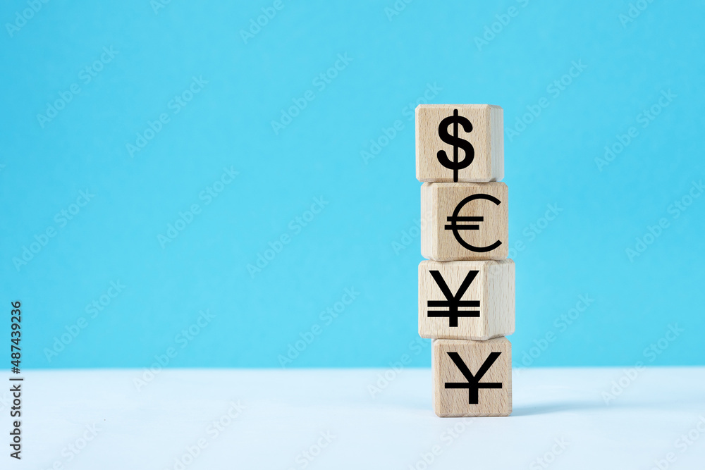Wooden cubes with word bank, currency . Wooden cubes with word bank, currency .