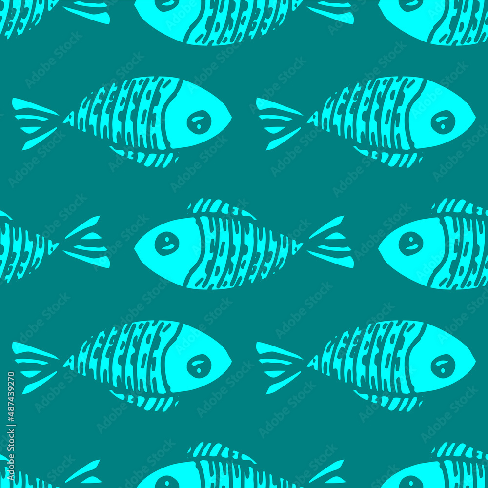 Blue fish pattern in cartoon style. A hand-drawn fish in the doodle style, with a texture of stripes and dots, turquoise isolated contour, often on dark turquoise for a children's design template