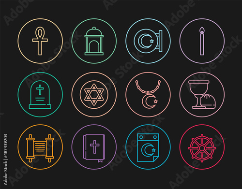 Set line Dharma wheel, Holy grail or chalice, Star and crescent, of David, Tombstone with cross, Cross ankh, chain and Muslim Mosque icon. Vector