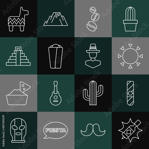 Set line Tabasco sauce, Cigar, Sun, Coffee beans, Burrito, Chichen Itza in Mayan, Pinata and Mexican man sombrero icon. Vector