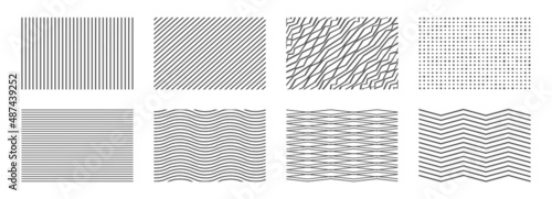 Stripe patterns, straight and broken lines, wavy lines and dots of various sizes. Flat vector illustration isolated on white background.