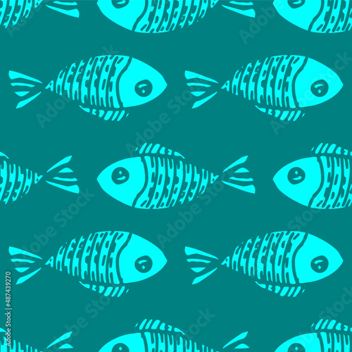 Blue fish pattern in cartoon style. A hand-drawn fish in the doodle style, with a texture of stripes and dots, turquoise isolated contour, often on dark turquoise for a children's design template