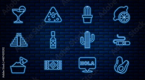 Set line Avocado fruit, Cigar, Cactus or succulent in pot, Tabasco sauce, Chichen Itza Mayan, Margarita cocktail, and Nachos icon. Vector