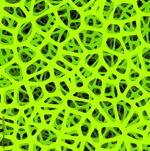 Moss, web, fabric, skin, microflora, sponge, mushroom, biomaterial, microworld. Green abstract background with a plant under a microscope. 