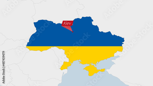 Ukraine map highlighted in Ukraine flag colors and pin of country capital Kyiv.