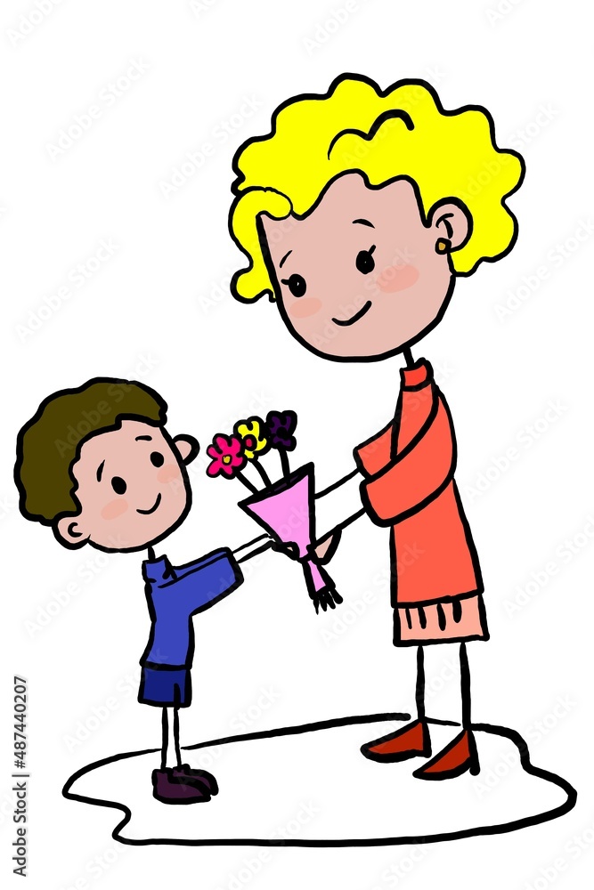 cute boy giving flowers to his mother, teacher cute boy giving flowers to his mother, teacher