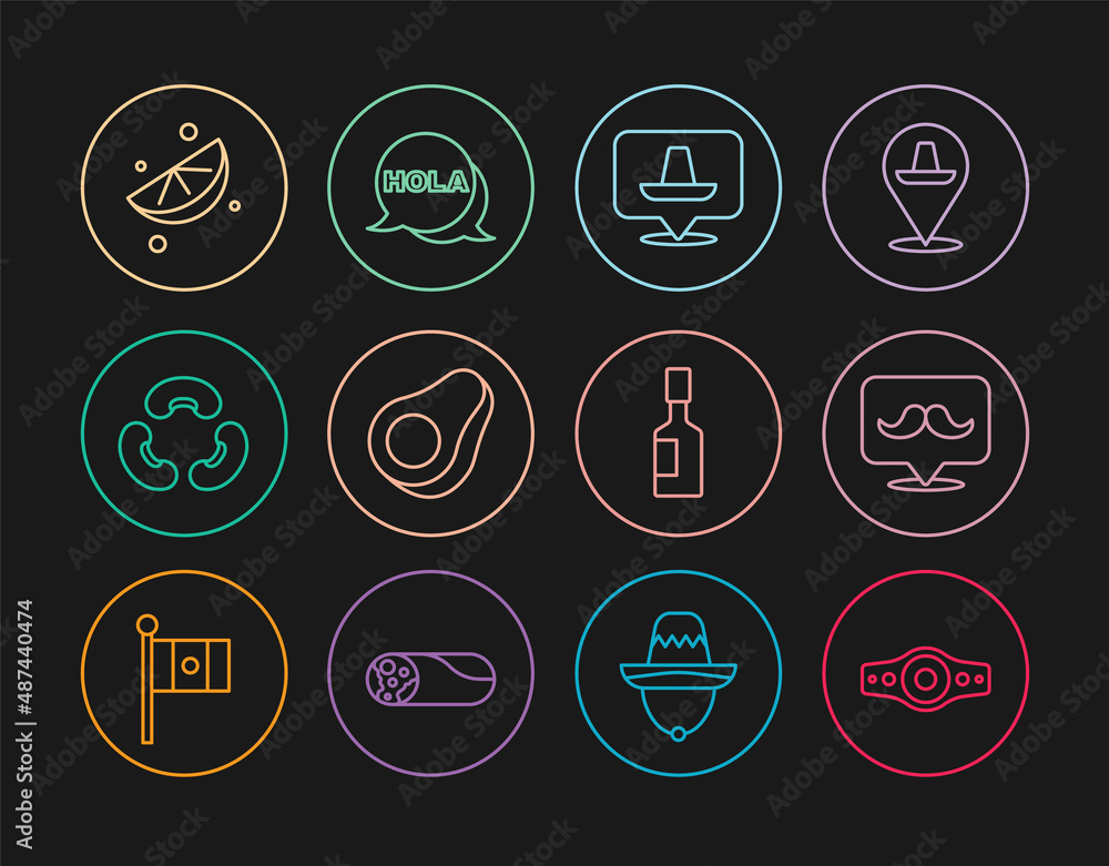 Set line Wrestling championship belt, Mustache, Mexican sombrero, Avocado fruit, Beans, Sliced lime, Tabasco sauce and Hola icon. Vector Set line Wrestling championship belt, Mustache, Mexican sombrero, Avocado fruit, Beans, Sliced lime, Tabasco sauce and Hola icon. Vector
